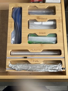 Bag Organizer Cutter Bamboo Bag Organizer and Plastic Wrap Dispenser with Storage for <b>Foil</b> Wax Paper Plastic Wrap - Product Image 1