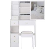 Table de maquillage moderne à grande capacité avec panneau en pin, tabouret rembourré, et rangement coulissant extra large pour chambre à coucher