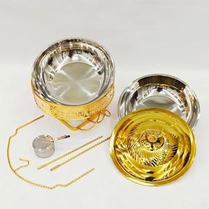 เตาอุ่นอาหารบุฟเฟ่ต์สแตนเลสทรงกลมสีทอง สำหรับใช้ในโรงแรมและร้านอาหาร - Product Image 1