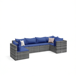Set Lounge da Esterno in Rattan Grigio con Cuscini Blu Scuro, 6 Posti, Arredamento da Giardino Contemporaneo Resistente alle Intemperie - Product Image 1