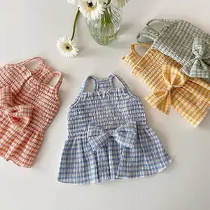 Princess Style Pet Clothing Bow Pleated Plaid Dog Skirt And Two-Legged Cat Dress Winter And Fall Polyester Wholesale