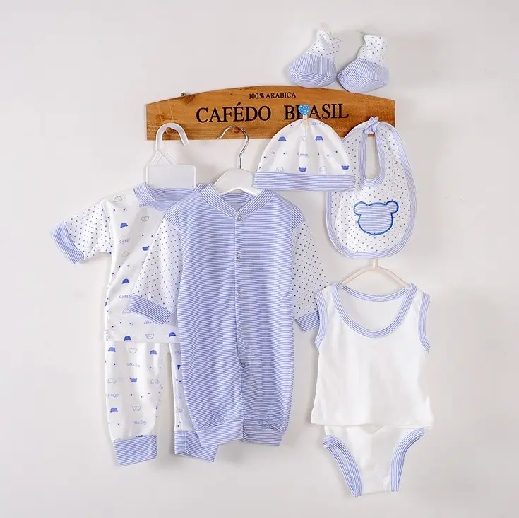 Yenidoğan bebek giysileri setleri tulum ve yelek 8 parça setleri tam Unisex kış güneşli örme % 100% pamuk dantel up bebek tulum 5000