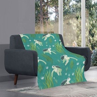 Selimut Flanel Motif Penyu Laut dan Rumput Laut Warna Teal, Kustomisasi Personal, Promo Spesial 2024