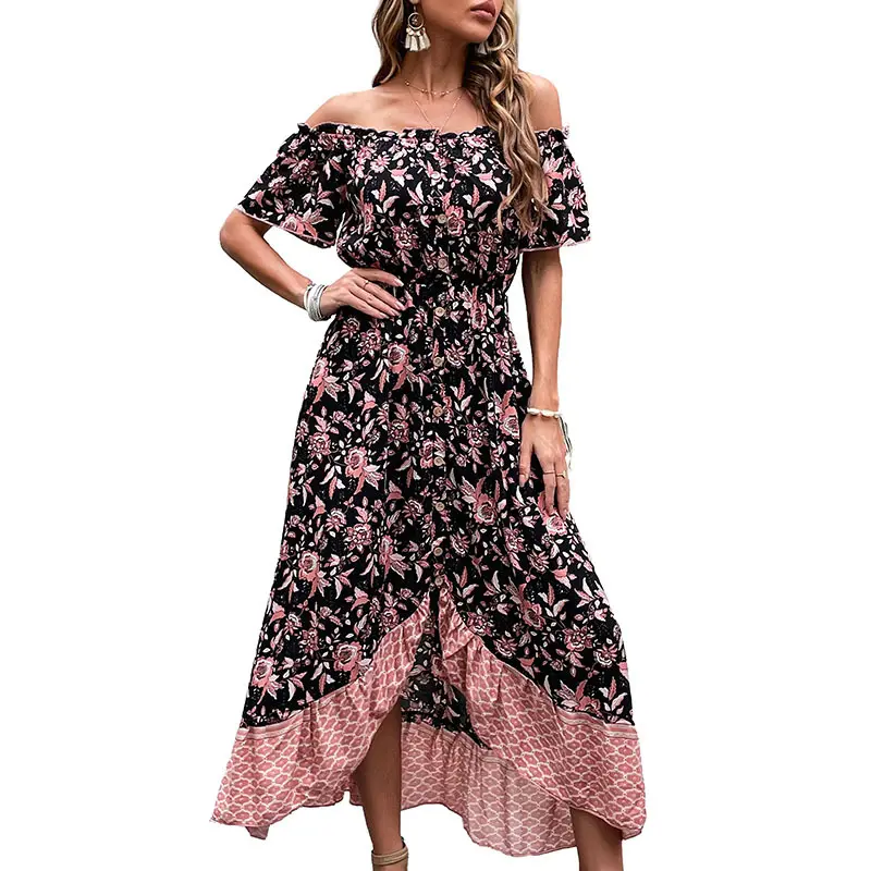 맞춤형 유럽 및 미국 복고풍 여성용 프릴 하이 웨이스트 오프 숄더 드레스 폴카 도트 원 라인 넥 드레스