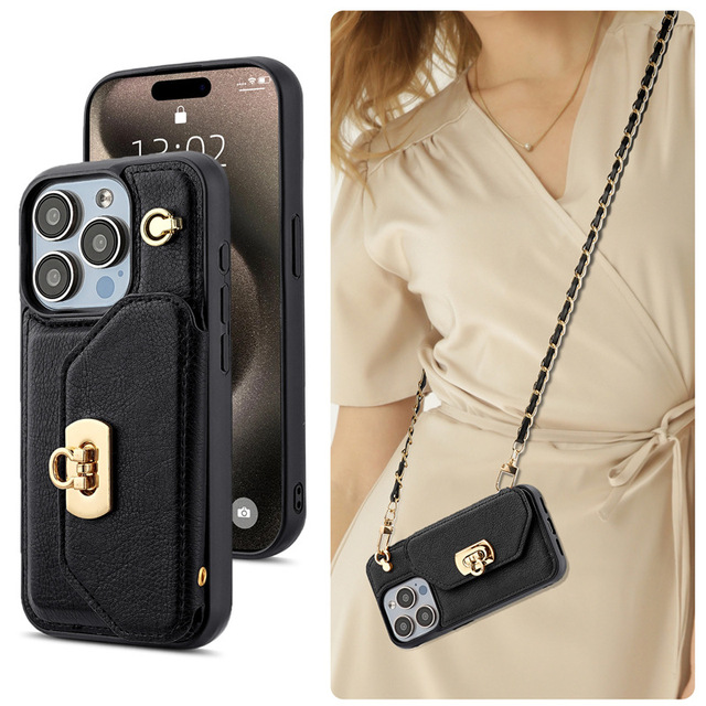 Lady Cross Body Strap Wallet Bag Design Leather Card Slot Phone Case for iPhone 15 Pro Max 14 Necklace