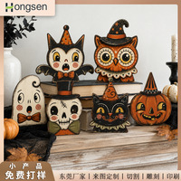 Décor de table autoportant vintage en bois vieilli pour Halloween, ensemble de figurines à poser sur étagère, double couche, avec mignonnes chauves-souris, hiboux, fantômes et citrouilles