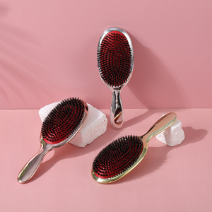 Cepillo de paleta de cerdas de jabalí natural para desenredar con logotipo personalizado, cepillo de pelo ondulado de Salón Dorado galvanoplastia para masaje del cuero cabelludo - Product Image 4