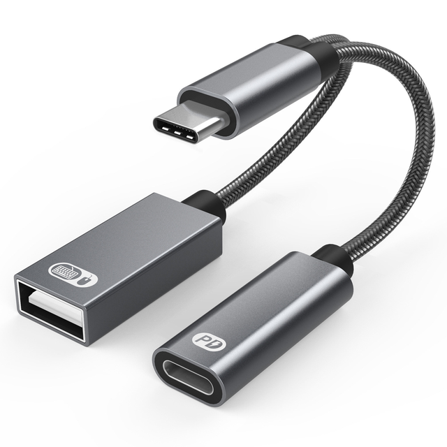 Custom 2 in 1 Type C Splitter Cable PD Charging USB OTG Adapter Nylon Braided Dual Port