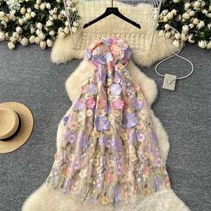 Dress Prom wanita, gaun pakaian 3D bordir bunga setengah panjang untuk wanita Midi tanpa tali sulaman renda - Product Image 1