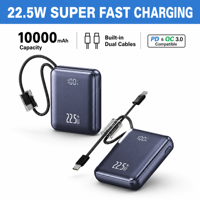 Mini batterie externe portable 10000mAh PD22.5W à charge rapide avec écran LED, câbles intégrés et cordon pour téléphones mobiles