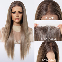 Perruque Lace Frontal Synthétique HD 13x6, Cheveux Synthétiques, Partie Moyenne, Longue Ligne Droite, 26 Pouces, Brun Clair, Dégradé, Mode Européenne