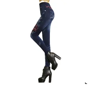 Nova Moda Primavera Outono Cintura Alta Butt Lifting Imita Jeans Leggings Skiny Stretchy Mulheres Cropped Calças Atacado