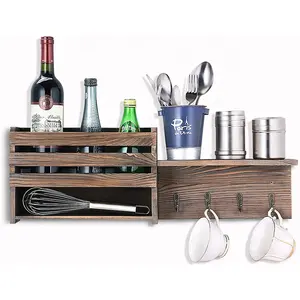 Rustic Wooden Floating Shelf For Kitchen Spice Holder Organizer With 4 Hooks For Coffee Mugs Or Towel