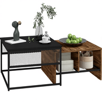 Ensemble de tables basses gigognes modernes à 2 niveaux, design carré, étagères de rangement en maille, plateau en bois d'ingénierie, acier allié, meubles de salon