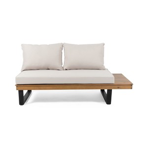 2-Seater Wooden <b>Sofa</b> Set Right Side Outdoor <b>Sofa</b> Beige Cushions Acacia Wood Frame Black Metal Legs for <b>Hotel</b> Villa Use - Product Image 1