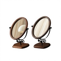 Vintage Single-Sided Solid Wood Silver Finish Oval Vanity Mirror Rotatable Foldable Desktop Standing for Home Dormitory Bedroom