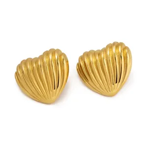 Ins Hypoallergenic 18K Gold PVD Plated Love Heart Stud Earring Women Stainless Steel Vertical Stripe Earrings Jewelry Gift