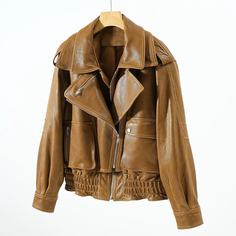 591 Retro Double Collar Sheepskin Lychee Patterned Foam Leather Zipper Niche Motorcycle Jacket for Women