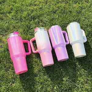 แก้วน้ำเก็บความเย็นแบบมีฝาปิด ขนาด 40 ออนซ์ สีชมพูสดแบบไล่เฉดสี ประกายโฮโลแกรมวิบวับ - Product Image 2