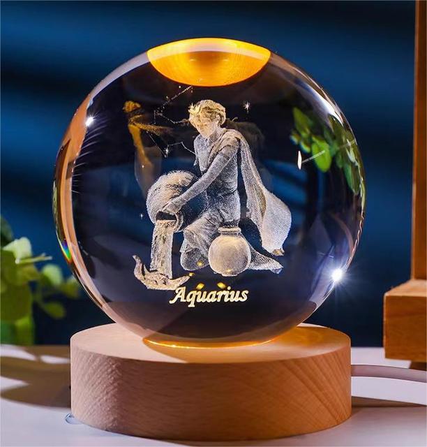 3D CONSTELLATION Engraved Laser Crystal Ball with LED Lighting Wood Base