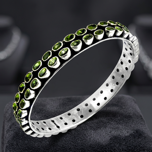 Art Palace 925 Silver Bangle with Natural <b>Peridot</b> Stones Bezel Set Classic Style Unisex Bracelet Everyday Wear From Rajasthan - Product Image 4