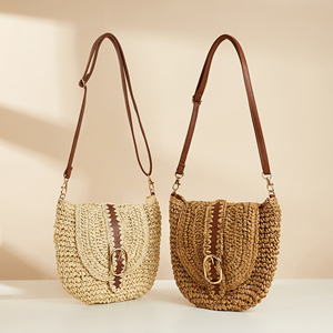 Bolso de Mensajero de Mujer al por Mayor, Hecho <span class=keywords><strong>a</strong></span> Mano, con Correa de Cuero Larga Intercambiable, Estilo Boho, de Paja, con Cinturón - Product Image 1