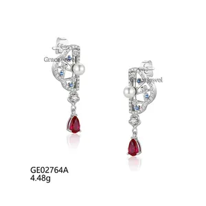 Grace Jewelry Flower Shape Freshwater Pearl Zircon Red Gemstone Ruby Unique Dainty Sterling Silver Vintage Earring For Women
