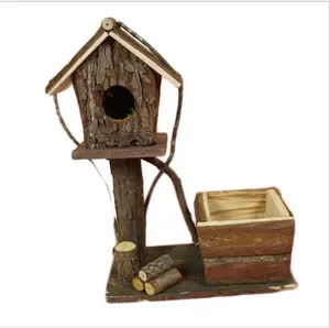BSCI eco friendly bark wood wild bird house for outside wild bird nest box with planter for garden