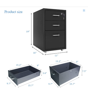 خزانة تخزين بثلاثة أدراج تحت المكتب، طاولة جانبية معدنية صغيرة قابلة للقفل مع عجلات - Product Image 6