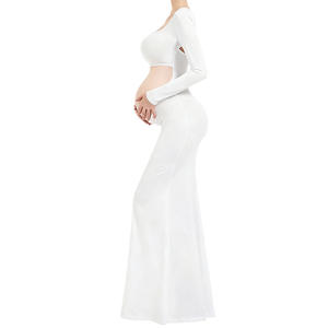 <span class=keywords><strong>Robe</strong></span> de maternité fendue pour femme, manches longues, froncée, en tissu tissé, col carré, dos évidé, coupe sirène élégante - Product Image 4