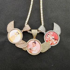 Hot Sale Hip Hop Fashion Jewelry Wholesale Custom Photo Necklace Sublimation Angel Wings Photo Pendant For Mom