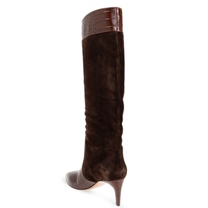 Big Size 46 Suede Leather Patchwork Long Booties Wide Fit Low Heels Shoes Women's Pointed Toe Stone Print Knee High <b>Boots</b> - Product Image 4