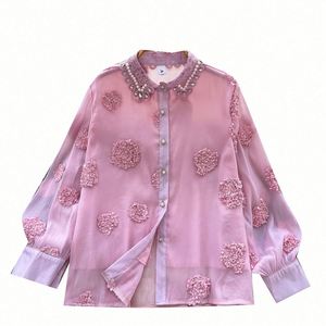 Autumn Loose Wide Sleeve Others Collar Casual Mesh Blouses Women Floral <b>Beading</b> Eco-Friendly Front Elegant <b>Tops</b> Clothes - Product Image 5