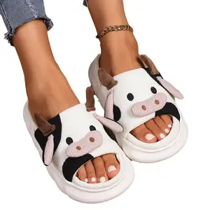 Non-slip House Silent Linen Cotton Shoes Fuzzy Cute Cow Slippers Winter Warm Cozy Animal Fluffy Cute Cow Slippers