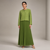 Ensemble Robe Vert Olive Modeste de Dubaï – Élégante Tenue Deux Pièces pour Femme avec Veste Perlée et Robe Plissée pour la Vente en Gros au Moyen-Orient