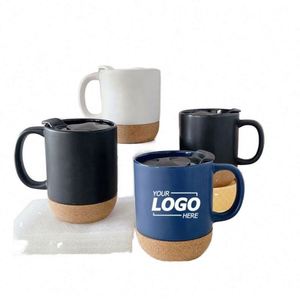 Grande tasse à café en céramique écologique moderne de 15 oz avec fond en liège, couvercle, impression par transfert thermique, cadeau personnalisé pour maman/papa - Product Image 1