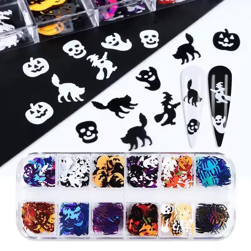 12 grains PET Halloween Nail Art paillettes fantôme sorcière paillettes plastique crâne araignée citrouille paillettes ornement décoration