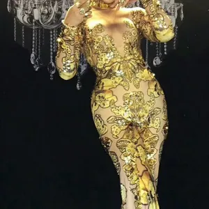 Baju Monyet Seksi Berlian Gemerlap Kostum Panggung Prom Penyanyi Wanita Jumpsuit Kristal Berkilau Emas Kuning Kostum Pesta Pertunjukan Panggung