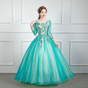 Peacock Blue Ball Gown Evening Dress With Floral Print Chiffon Scoop Neck Empire Waistline For Performances Parties Photo - Product Image 4