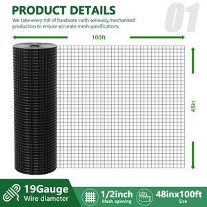 Rouleau de 4 pieds x 100 pieds de grillage métallique PVC noir de haute qualité 19GA à mailles de 1/2 pouce pour cage d'animaux - Product Image 2