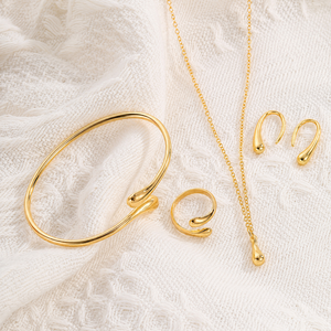 Ensemble de bijoux plaqué or en forme de goutte d'eau, 4 pièces/ensemble, collier, boucles d'oreilles, bagues, bracelet, bijoux de mode pour femmes, cadeau - Product Image 3
