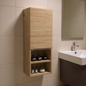 Armoire à pharmacie pour salle de bain, porte simple, 4 étagères, murale, en bois, chêne clair, design contemporain - Product Image 2