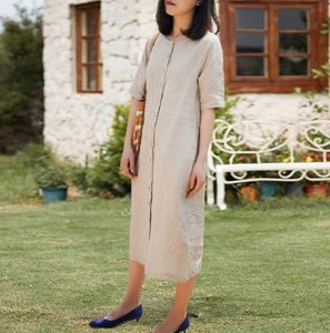 <b>Women's</b> <b>Linen</b>/Cotton A-Line Maxi <b>Dress</b> V-Neck Belt Detail Regular Fit Short Sleeves Breathable Eco-Friendly Casual Party Wear - Product Image 6