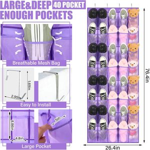 40 Pocket Over The Door Shoe Organizer Purple Mesh Hanging <b>Rack</b> For Closet <b>Storage</b> Behind Door Hanger - Product Image 2