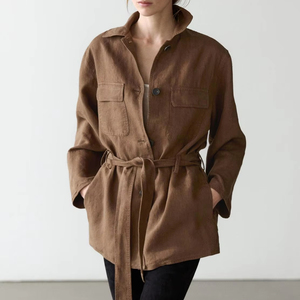 Chemise-veste décontractée pour femme en mélange de lin marron, coupe ample, avec ceinture, poches, respirante, pour l'été, usage quotidien, bureau - Product Image 2