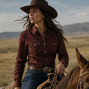 <b>Western</b> Style Women Maroon Button Down <b>Shirt</b> Long Sleeve Classic Fit Solid Color Cotton Poplin Casual Wear - Product Image 1