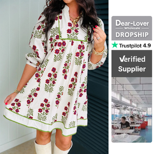 Dear-Lover Vente en gros de vêtements décontractés pour femmes, <span class=keywords><strong>boutique</strong></span> de vêtements, robe courte à fleurs blanche à col en V et manches 3/4, ample - Product Image 1