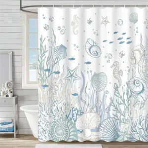 Nautical Coastal Shower Curtain Ocean Themed Coral Seashell Beach Starfish Seahorse Shower Curtains for Bathroom Decor