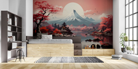 Papel Tapiz Japonés de la Montaña Fuji con Arce Rojo, Removible, Autoadhesivo, Impermeable, Mural Tradicional de Pared, Paisaje Natural al Atardecer