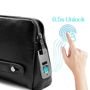 Vingerafdruk Smart Lock Handtas Echt Lederen Heren Vingerafdruk Slot Mannen Fasion Handtassen Clutch Met Organizer Binnen